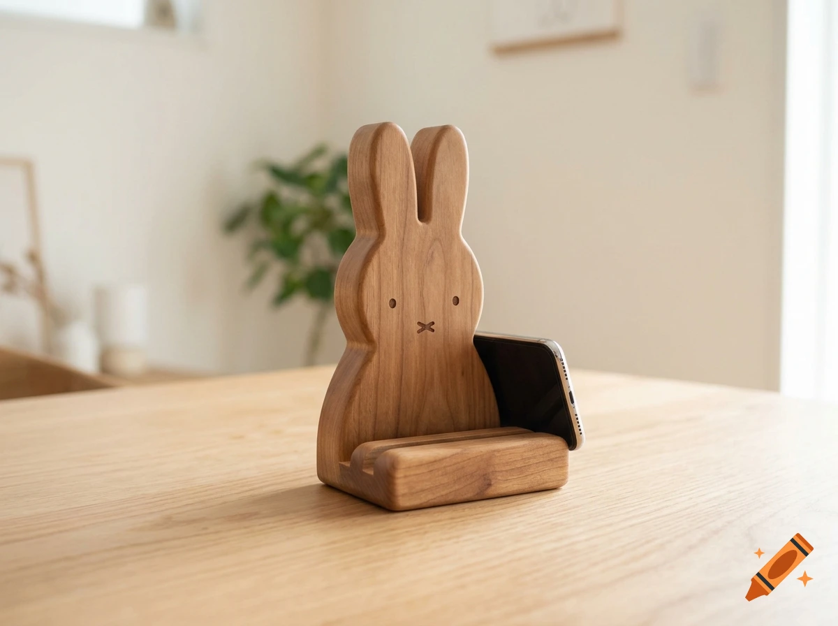 A photorealistic wooden Miffy-themed phone holder resting on a light wood table.