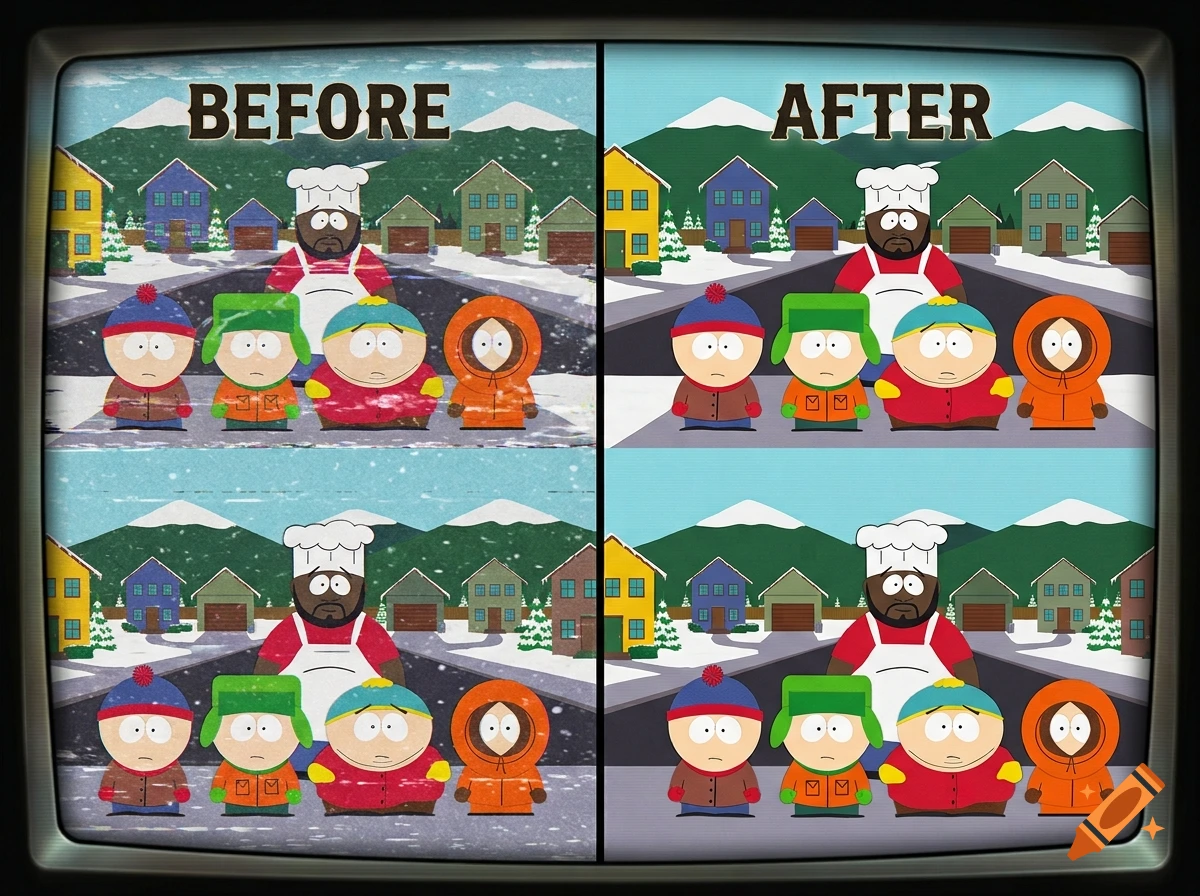 A split-screen comparison of a South Park scene, showing a damaged VHS tape version on the left and a clean version on the right.
