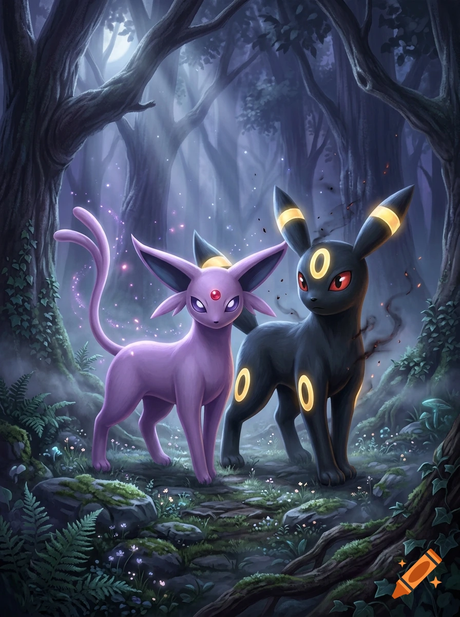 Digital illustration of Espeon and Umbreon standing together in a mystical, dark forest lit by magical glowing particles.