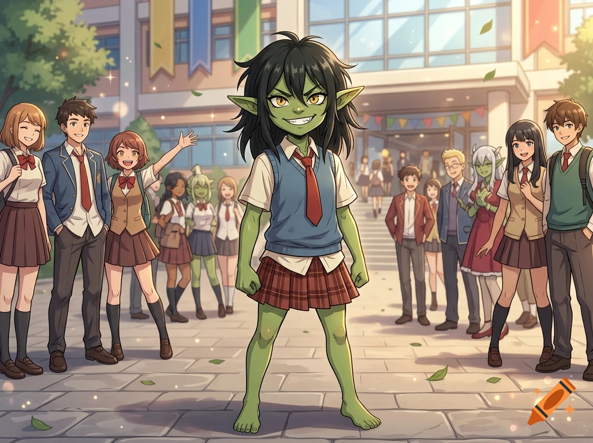An anime style illustration of a green-skinned goblin girl with messy black hair and a mischievous smile, standing barefoot in a school uniform in front of a school with other students.