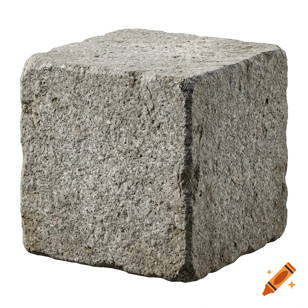 A photorealistic gray stone block on a white background.