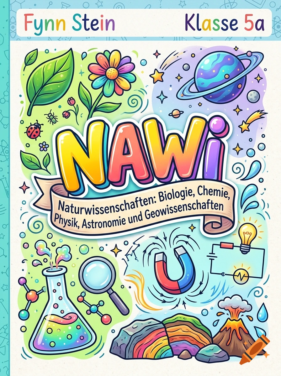 Colorful cartoon doodle art book cover for school subject NAWI with science illustrations and text Fynn Stein Klasse 5a.
