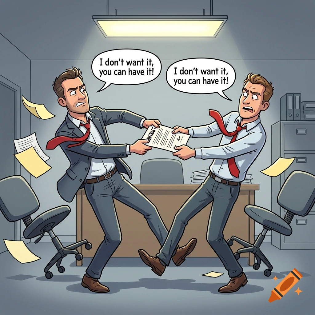 Comic style illustration of two businessmen in an office arguing and holding a contract, shouting they do not want it.