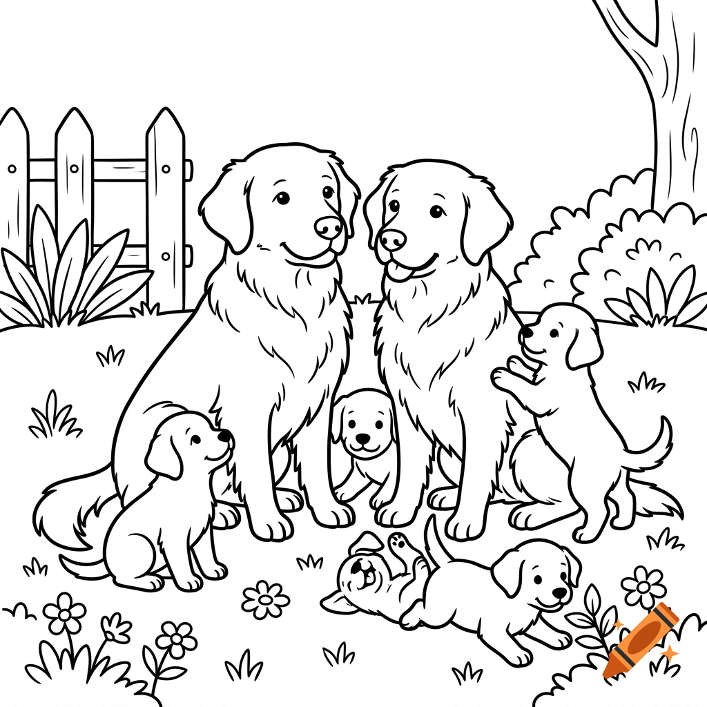 Black and white coloring book page featuring two adult golden retrievers and five playful puppies in a garden.