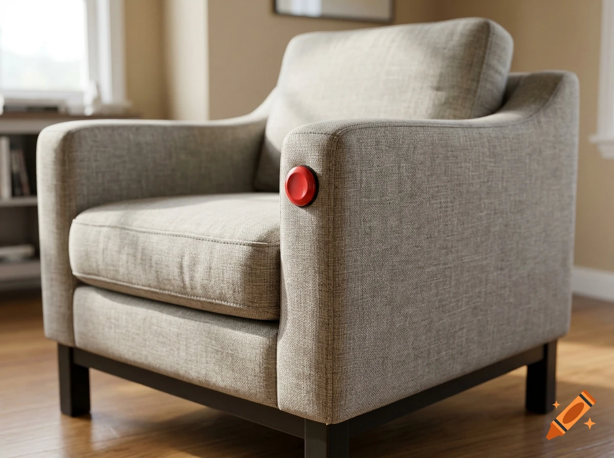 A beige upholstered armchair with dark wooden legs in a living room, featuring a small red button attached to the side.