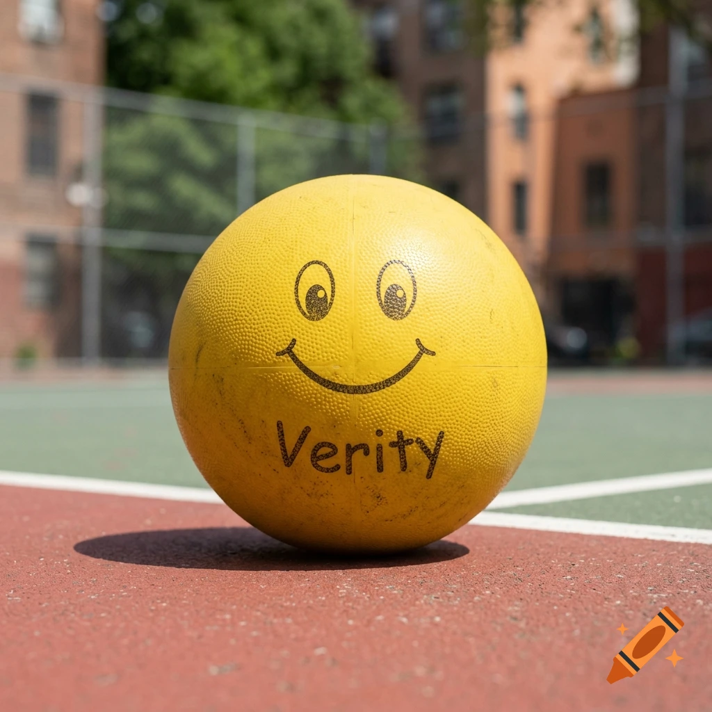 A yellow playground ball with a smiley face and the word Verity printed on it, sitting on a tennis court.