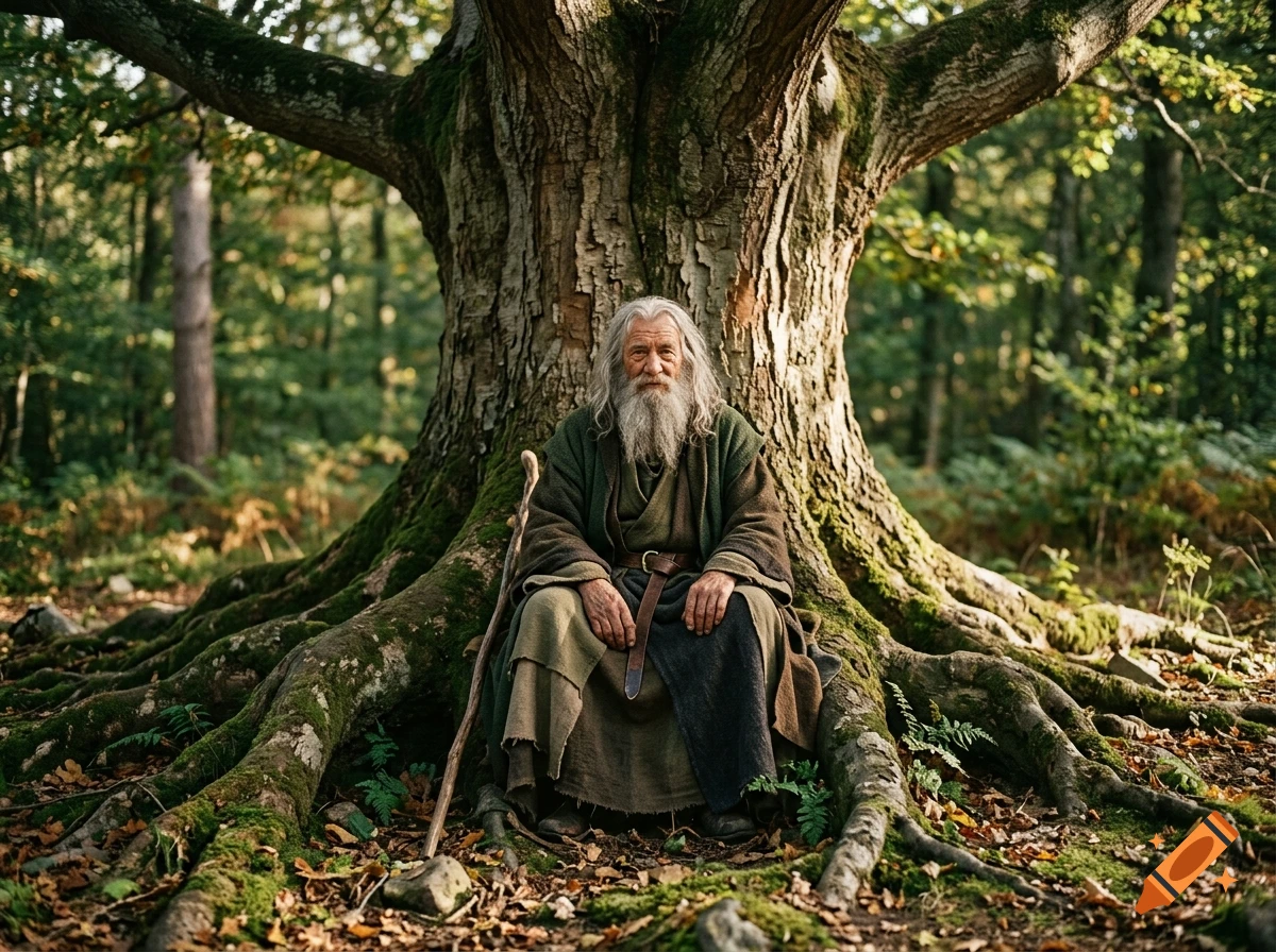 An elderly wizard with a long white beard and green robes sitting between the massive roots of an ancient tree in a forest.