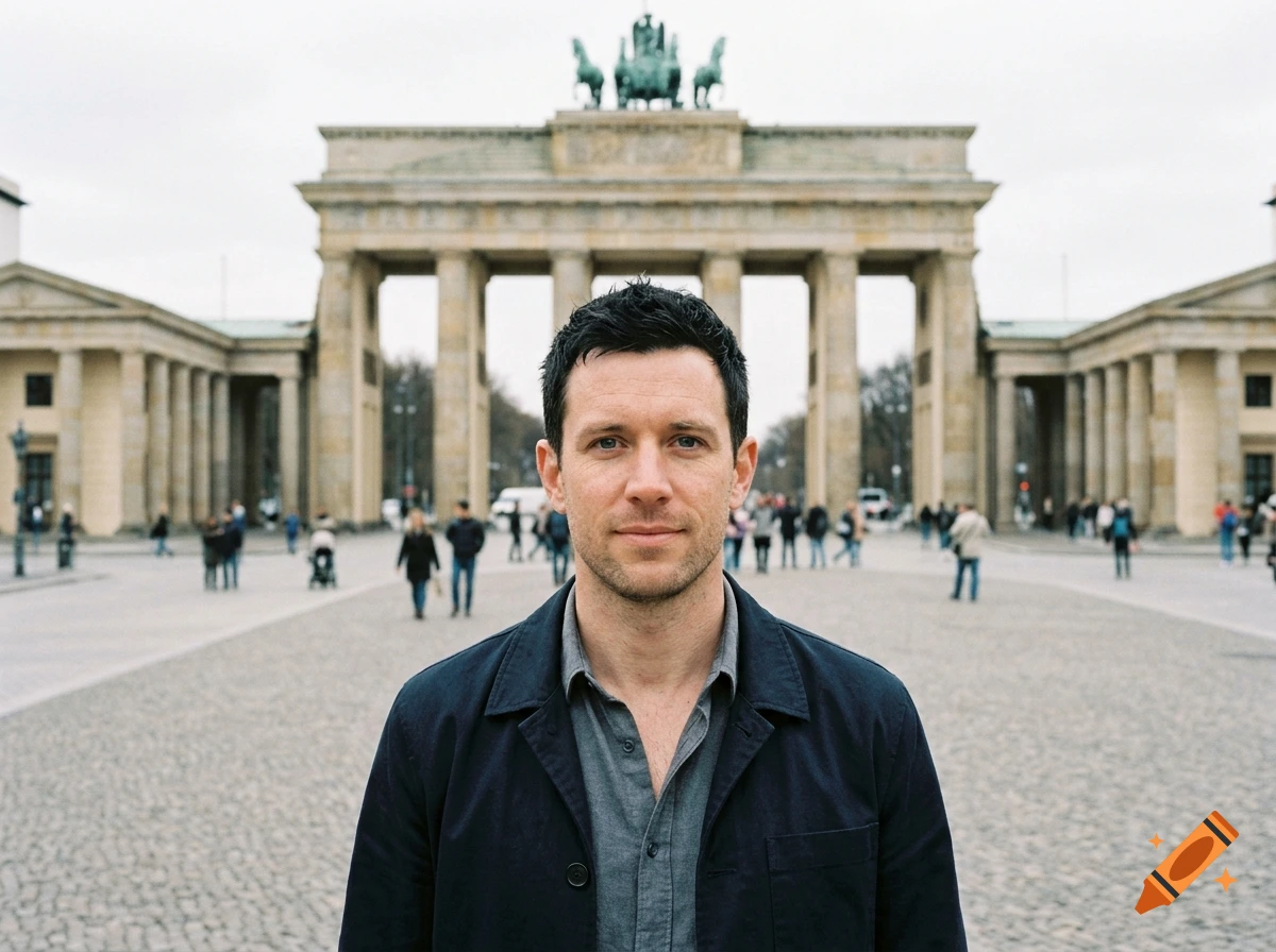 Photorealistic medium shot of a man with dark hair and blue eyes standing in front of the Brandenburg Gate in Berlin.