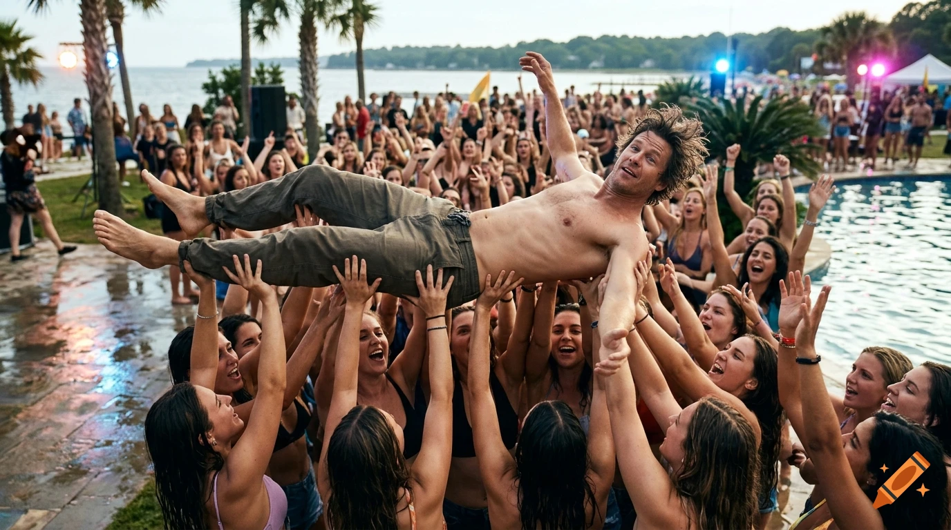 Photorealistic shot of a shirtless man crowd-surfing, being lifted horizontally by a crowd of women near a pool and beach at sunset.