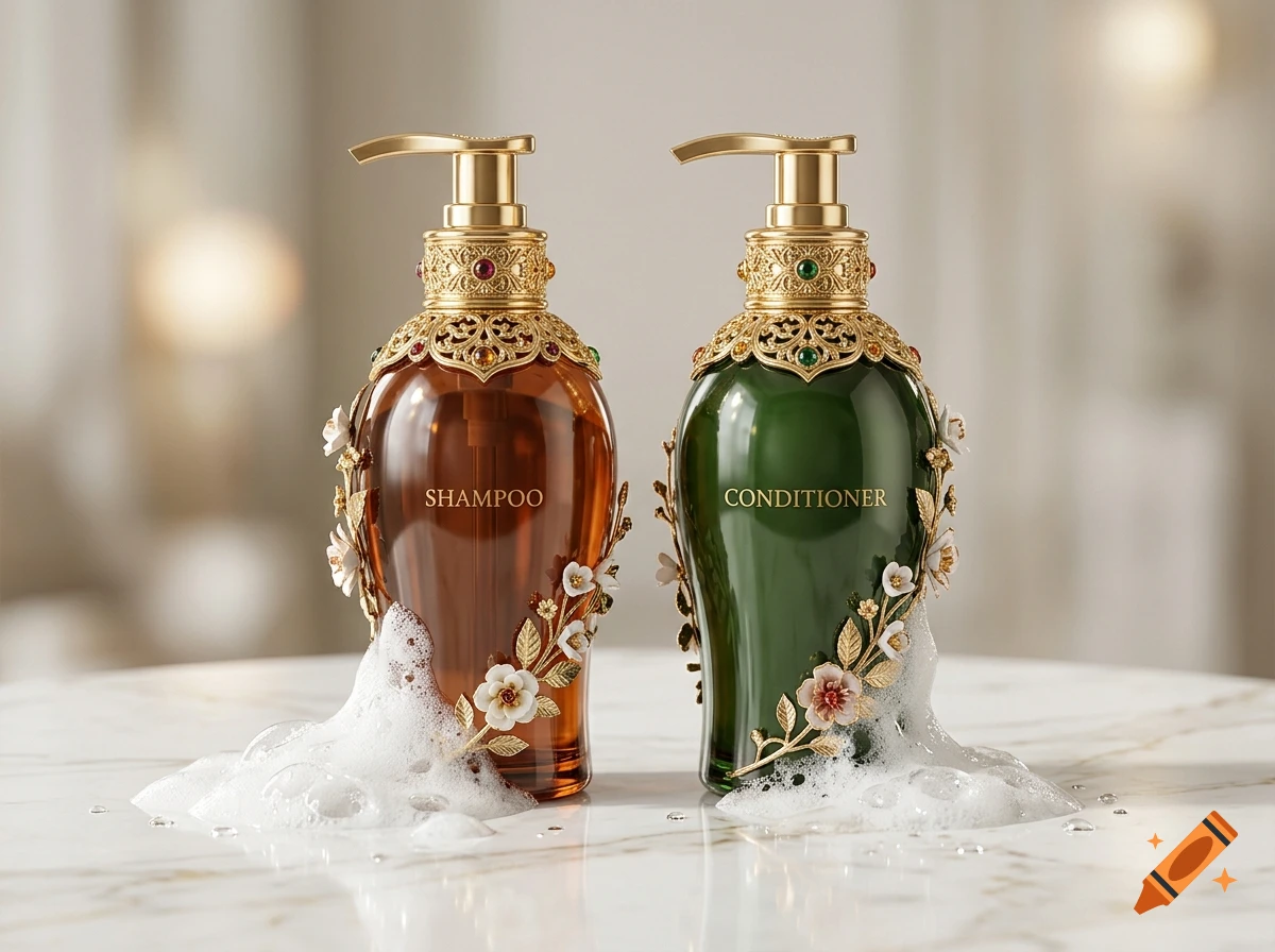 Photorealistic image of two ornate luxury shampoo and conditioner bottles with golden tops, jewels, and floral accents on a marble table.