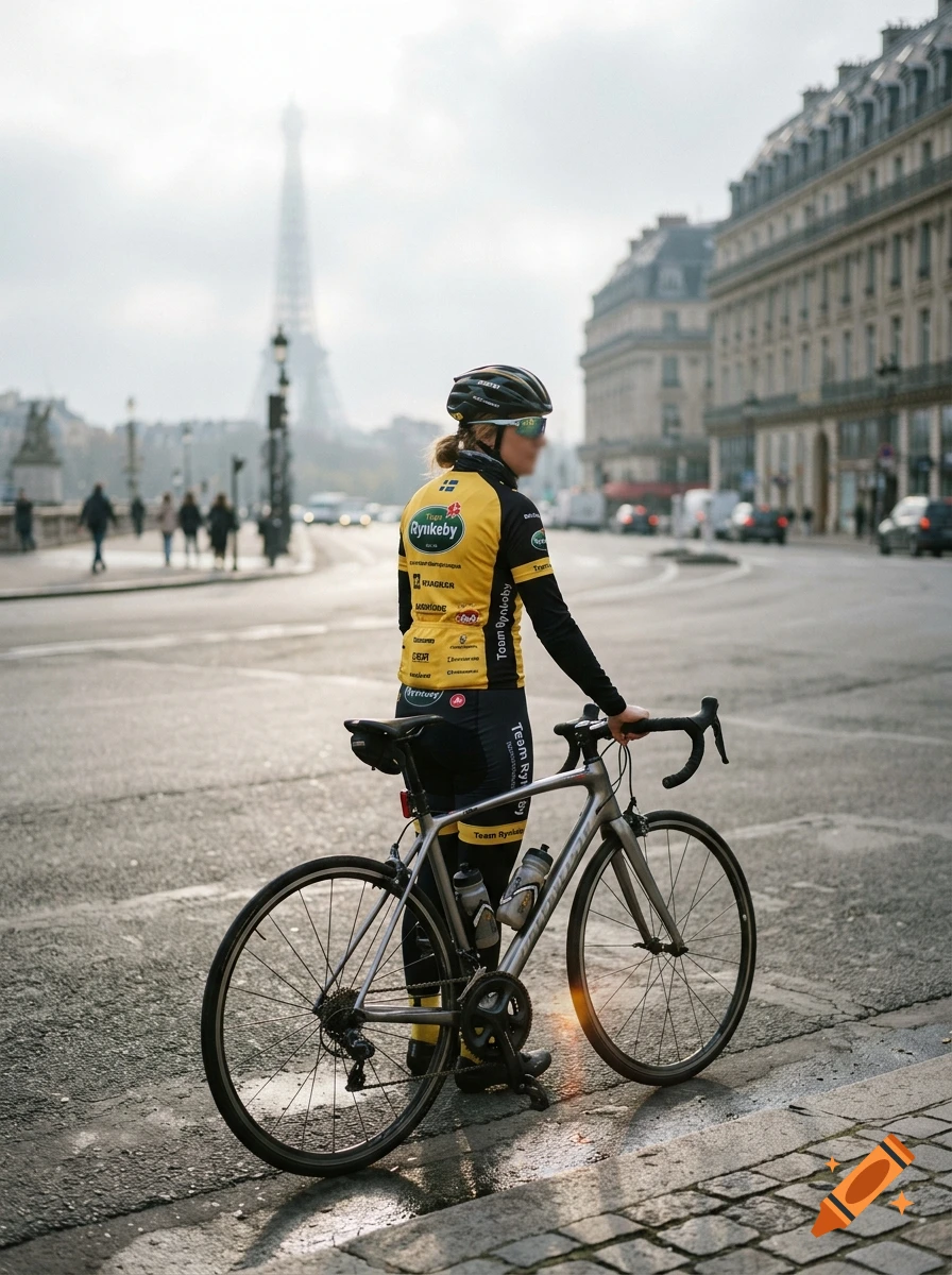 Photorealistic image of a cyclist in Team Rynkeby gear standing with a racing bicycle on a street in Paris, with the Eiffel Tower in the background.