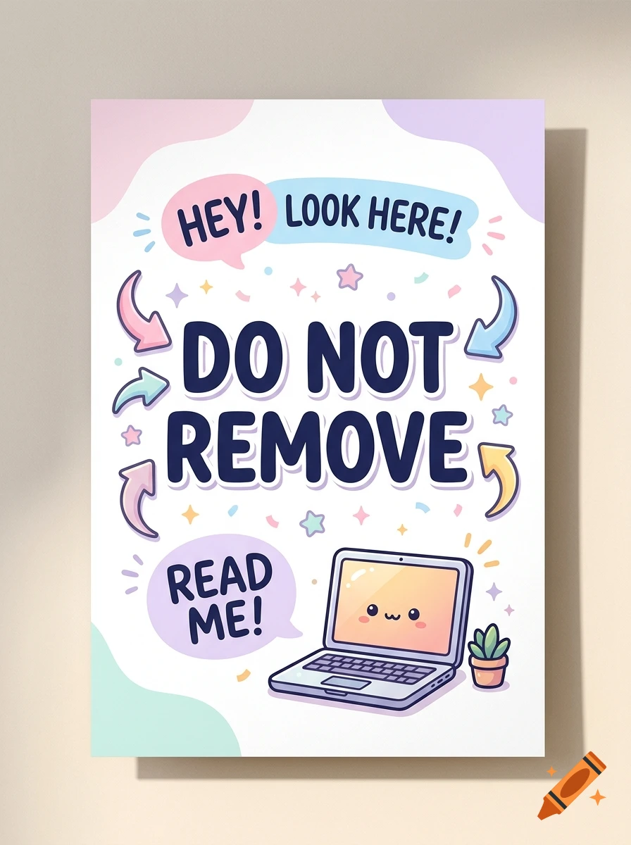 A cute pastel vertical poster reading 'DO NOT REMOVE' in bold text with a smiling laptop illustration and decorative stars and arrows.