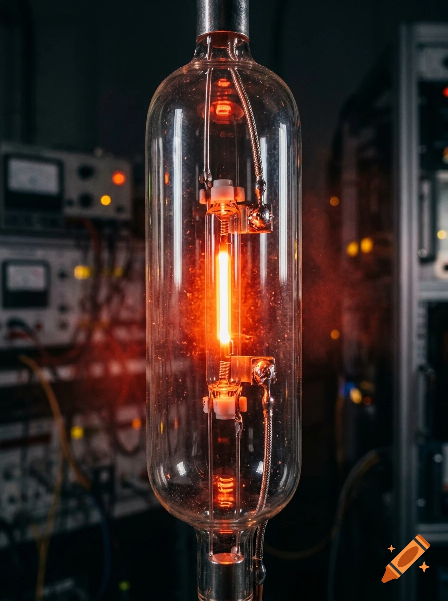 Close-up photorealistic shot of a glowing neon element inside a vertical glass tube in a laboratory setting.