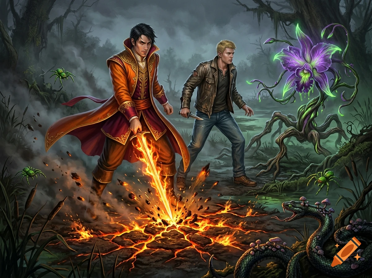 Fantasy digital illustration of a fire mage plunging a glowing sword into cracked ground, accompanied by a blonde man, with magical plants and spiders in a swamp setting.