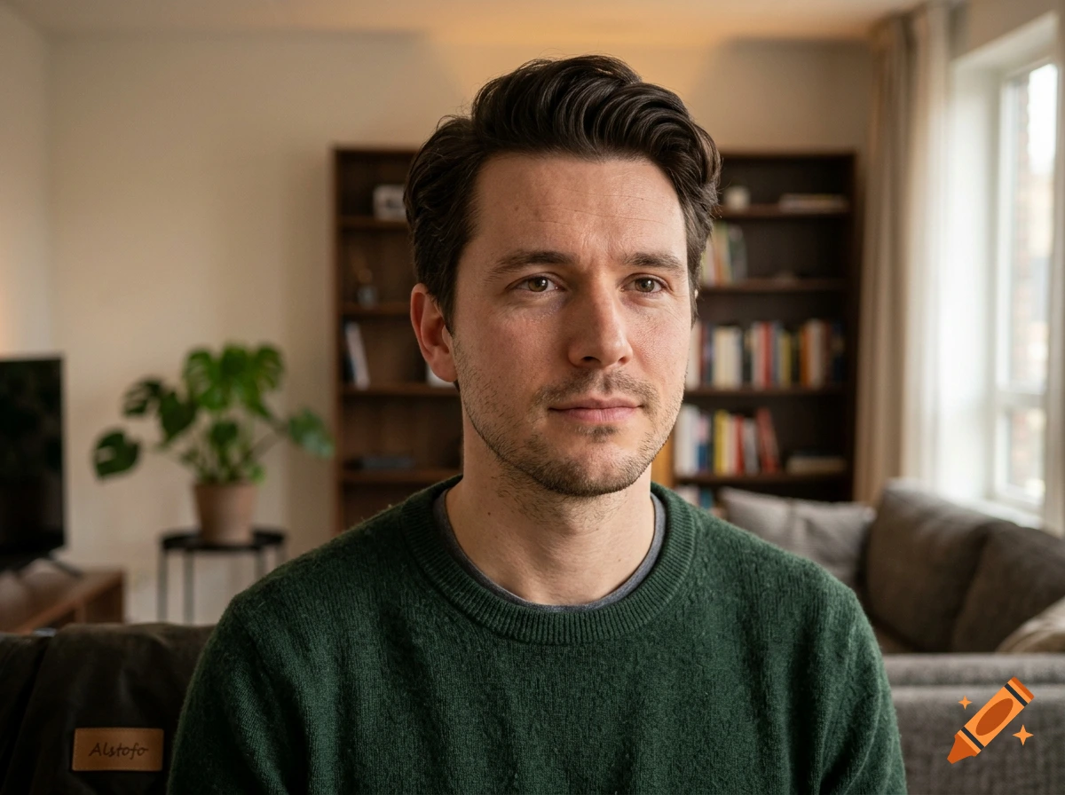 Photorealistic portrait of a young man with dark hair and a green sweater, sitting in a living room with a bookshelf in the background.