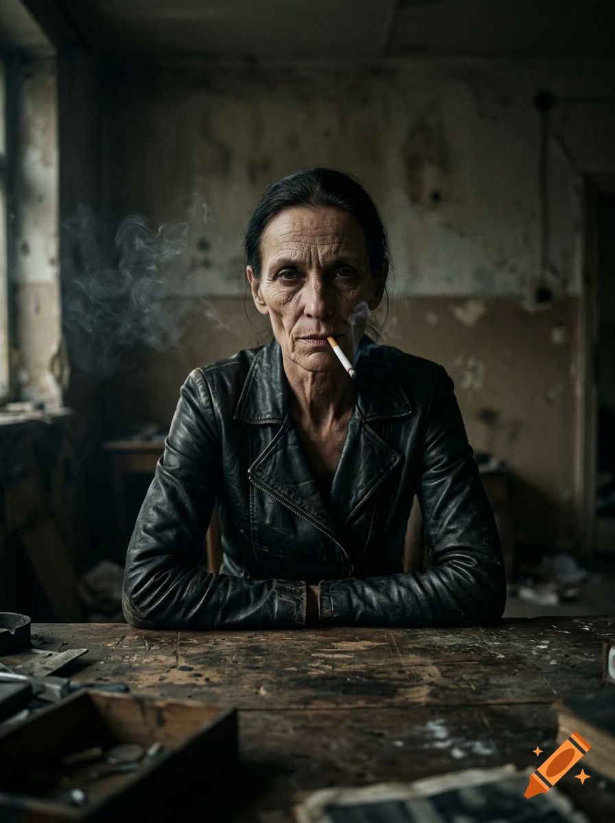 Cinematic photorealistic portrait of an older woman with gaunt features smoking a cigarette at a wooden desk in a gritty room.