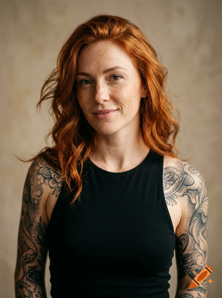Photorealistic portrait of a woman with red hair, freckles, and extensive tattoos on her arms, wearing a black tank top.