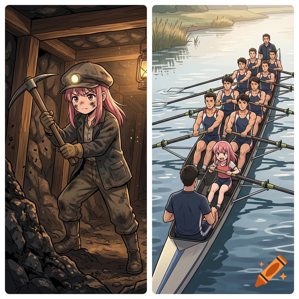 Two-panel anime style illustration showing a small pink-haired woman mining coal in a tunnel and rowing in a boat with men.