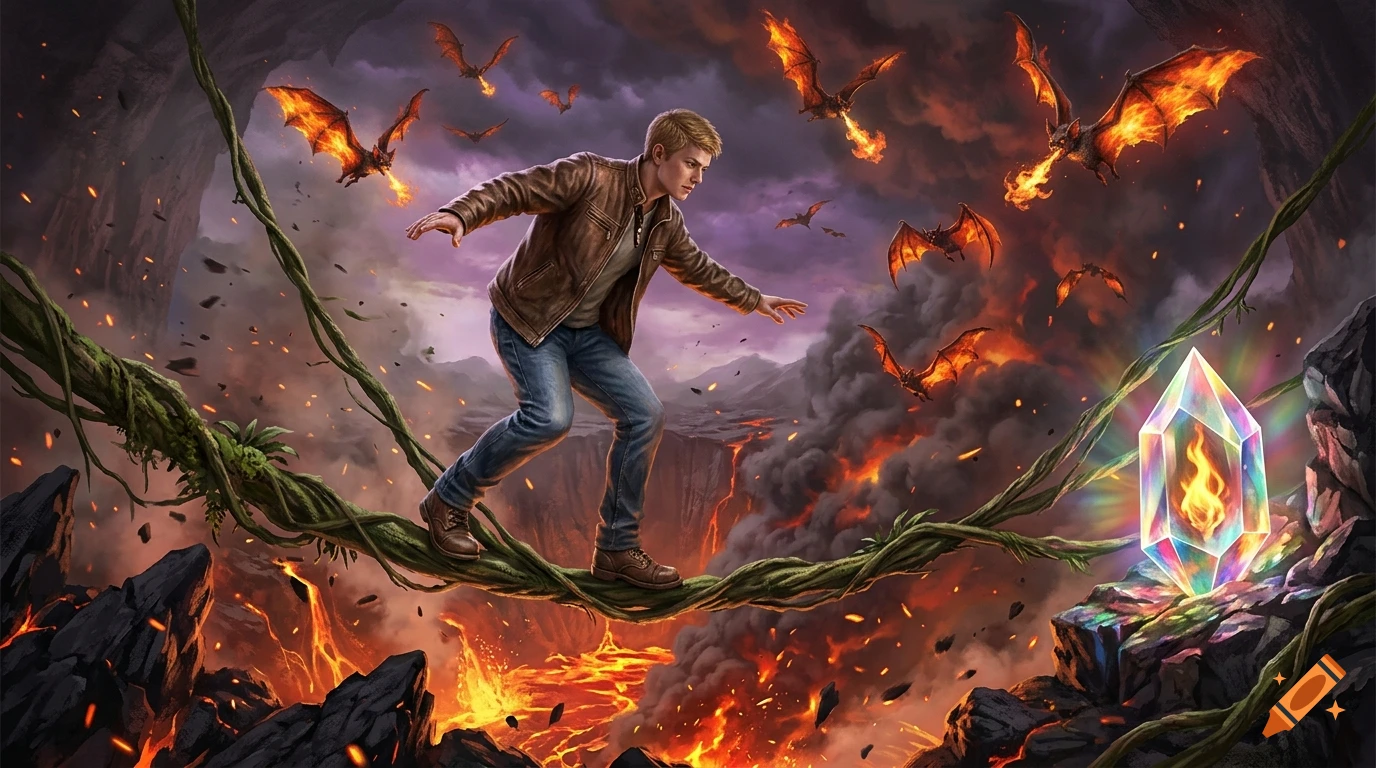 A young man in a brown jacket and jeans balances on a thick vine across a volcanic canyon as fiery bats fly nearby and a glowing crystal rests on a rock.