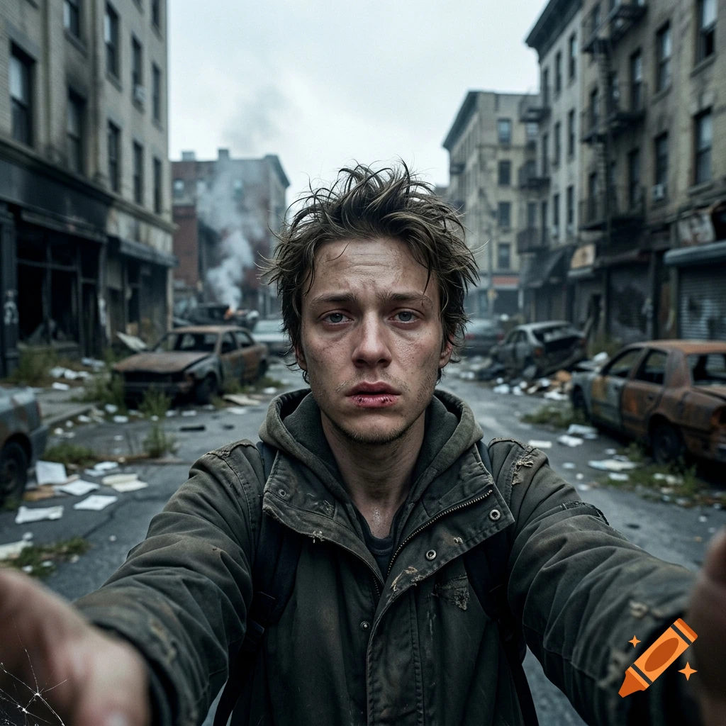 Photorealistic selfie of a disheveled young man with a bruised face in a ruined city street with damaged buildings and cars.