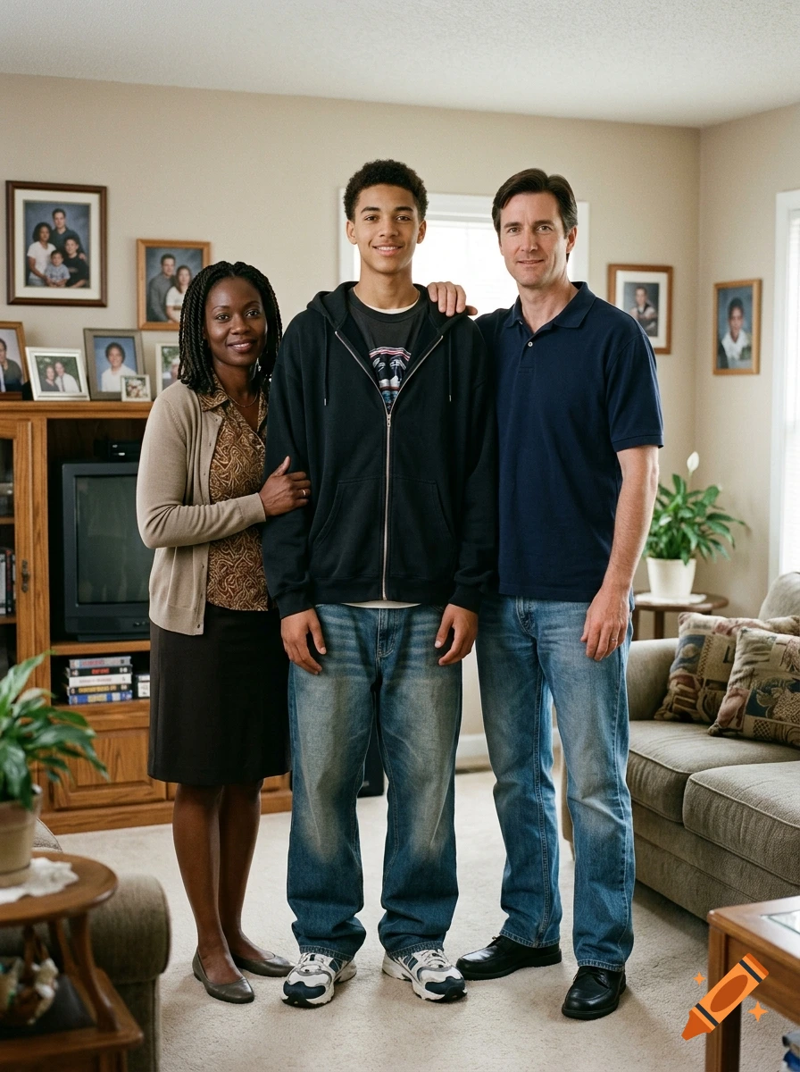 Photorealistic portrait of a family of three standing together in a living room.