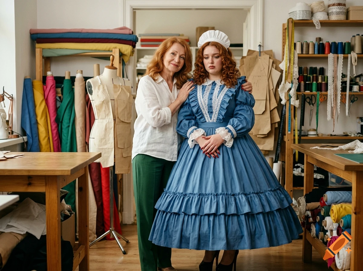 An older woman in a white blouse and green pants poses with her arm around a young woman in a blue Victorian dress in a sewing room.
