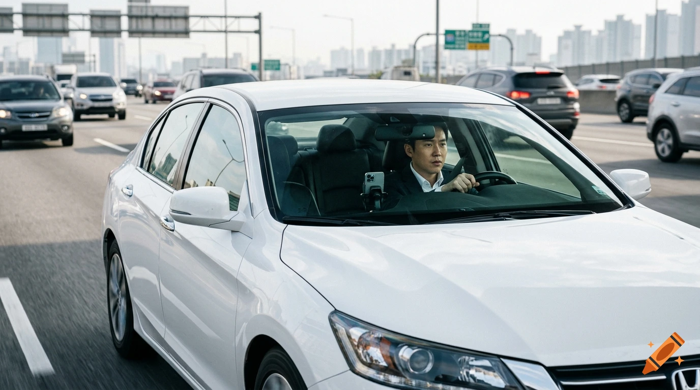 Photorealistic shot of a businessman driving a white sedan on a busy highway.
