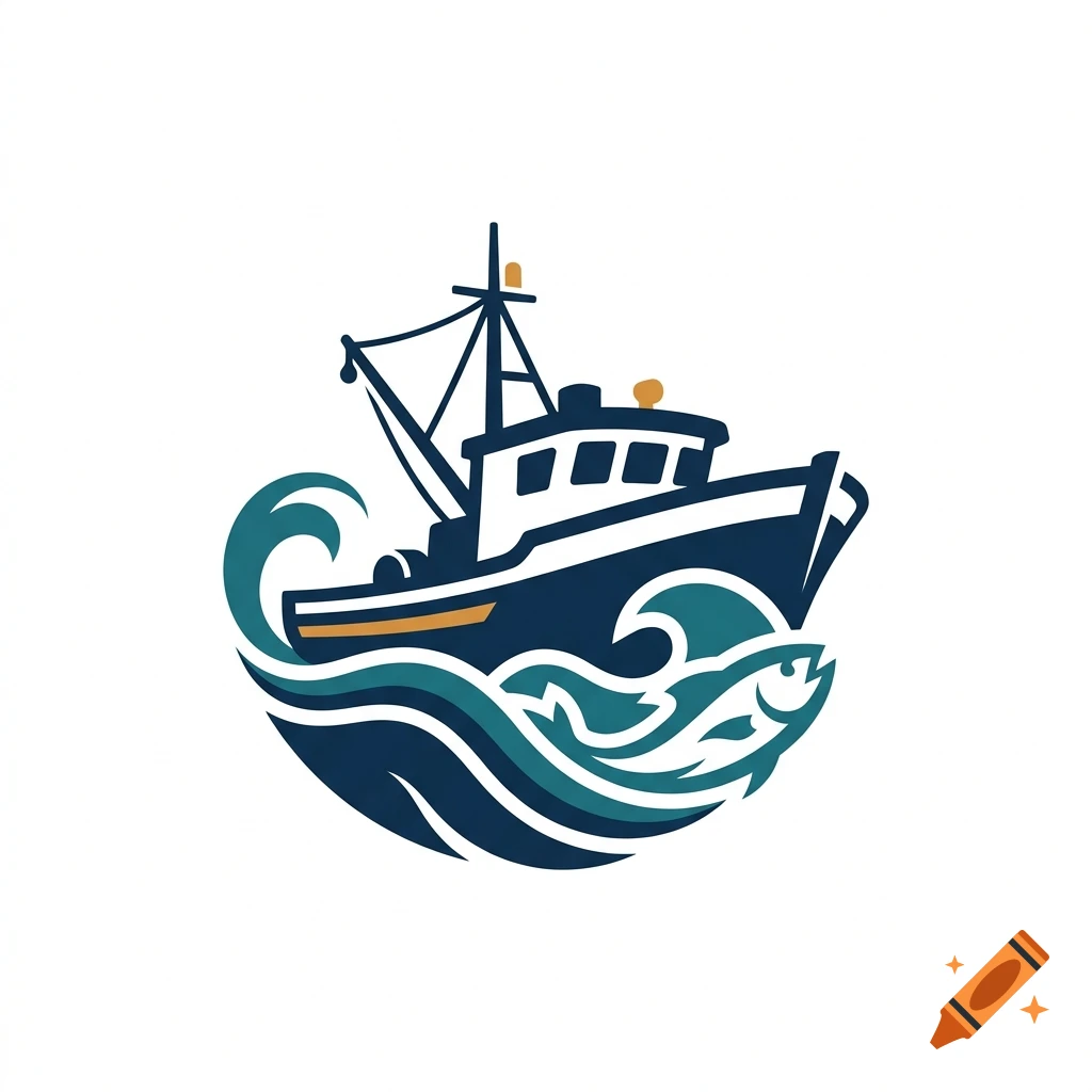 Vector logo of a fishing boat navigating choppy waves with a leaping fish in a minimalist style.