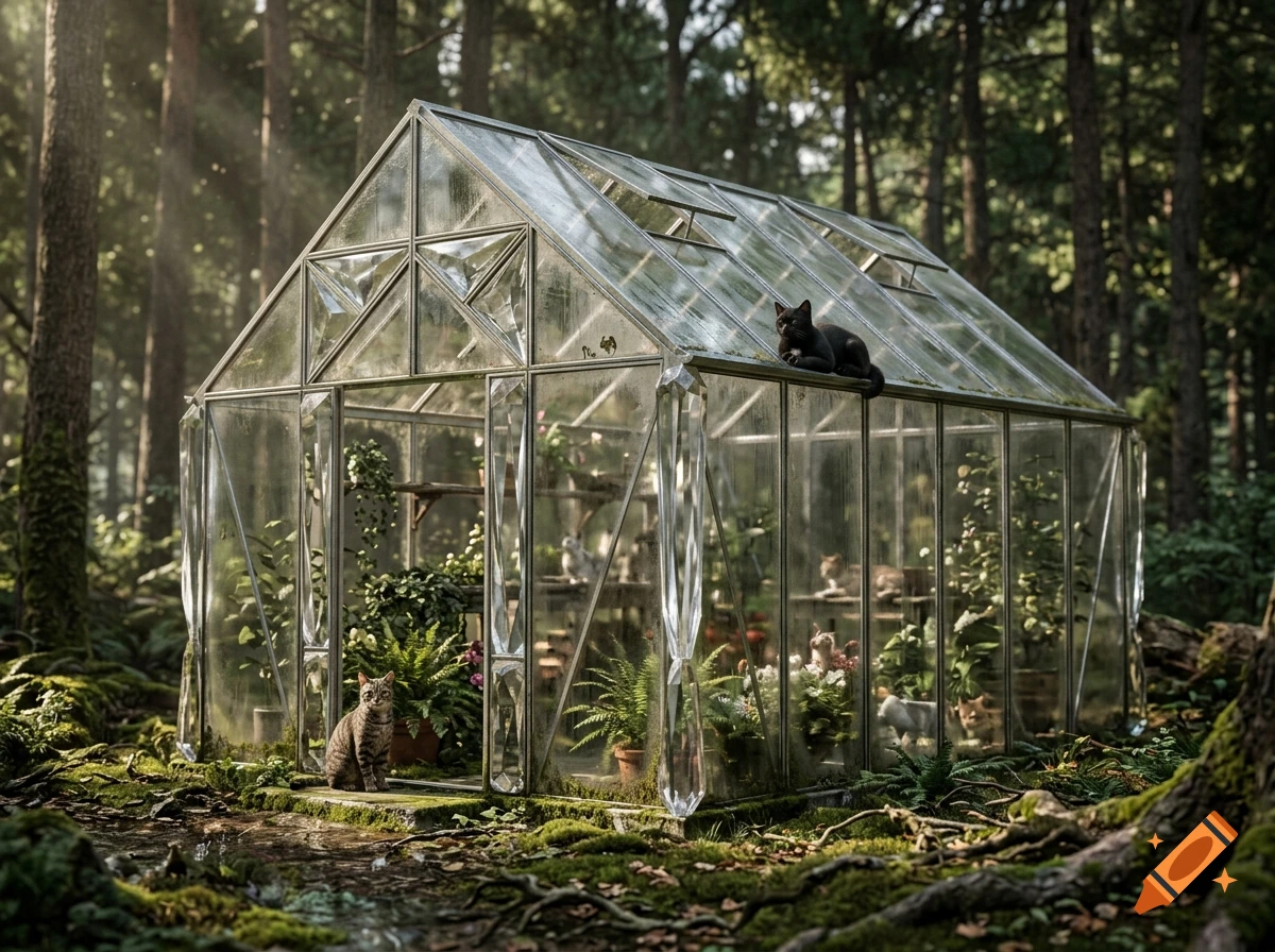 Photorealistic image of a glass and crystal greenhouse in a lush green forest, with several cats sitting around, on, and inside it.