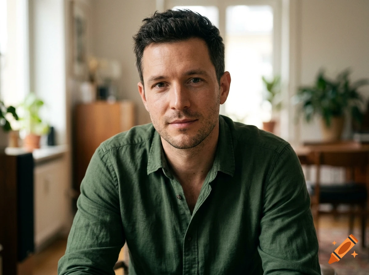 Photorealistic medium shot of a man with dark hair wearing a green button-down shirt, sitting indoors.