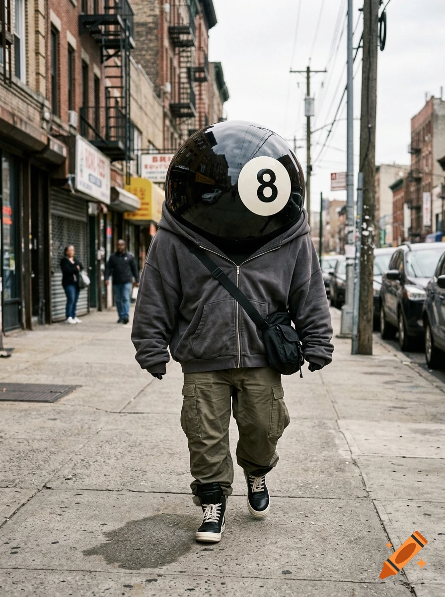 Photorealistic street-style shot of a person with a giant 8-ball head wearing a hoodie and cargo pants walking down a city sidewalk.