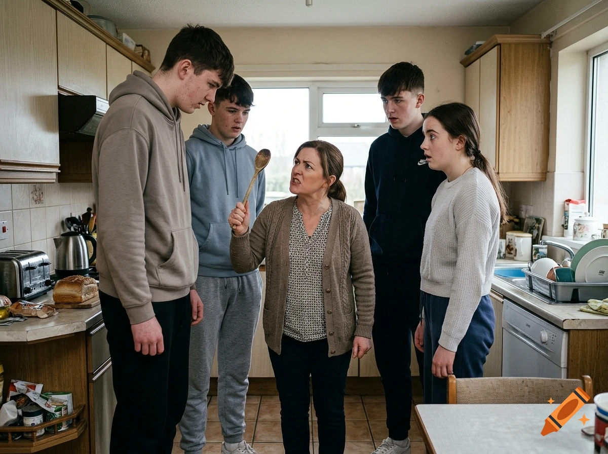 An angry mother holding a wooden spoon while scolding her children who tower over her in a kitchen.