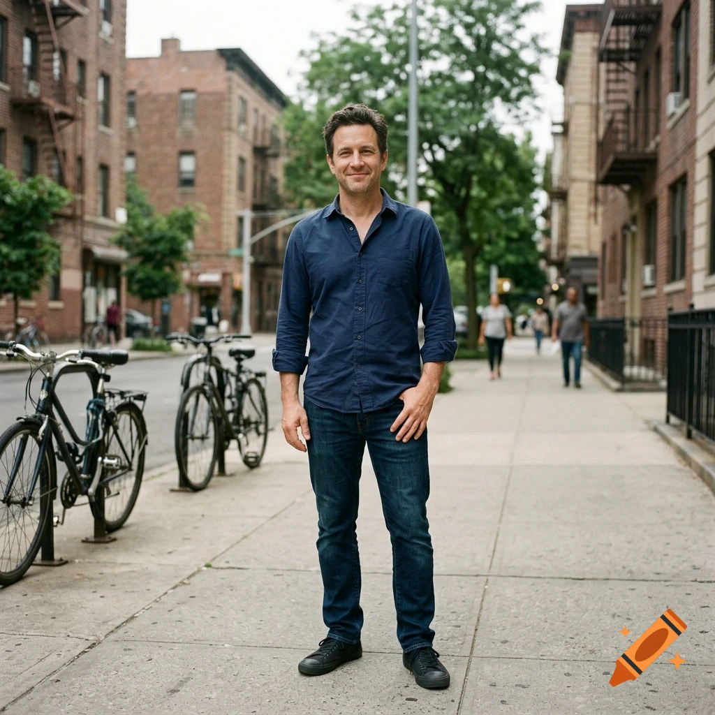 Full-length photorealistic portrait of a smiling man standing on a city sidewalk with parked bicycles and apartment buildings in the background.