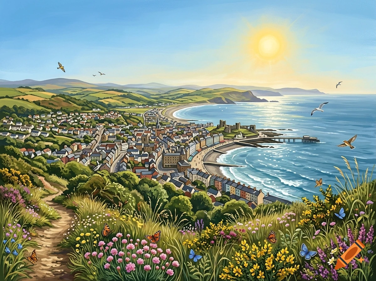 Digital painting of a coastal town overlooking the sea from a grassy cliff with flowers, butterflies, and the sun shining.