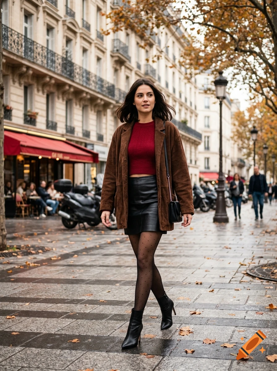 Photorealistic full-body shot of a young woman walking on a Paris street in autumn, wearing a brown suede jacket and black leather skirt.