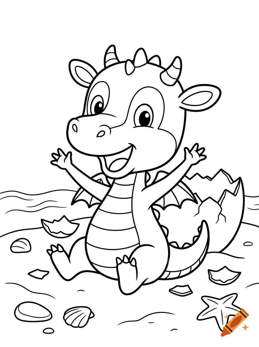 Black and white coloring page of a cute baby dragon hatching from an egg on the beach.