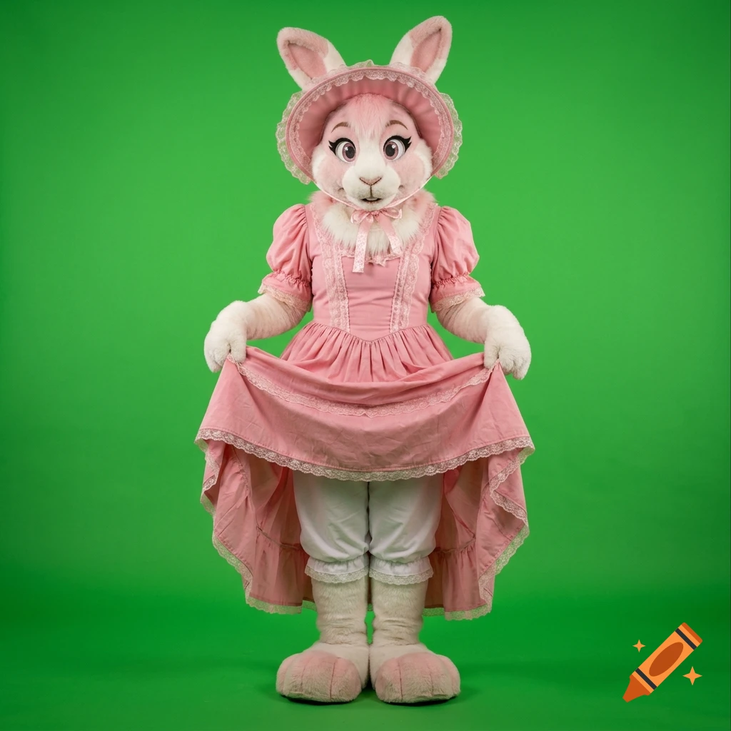 An anthropomorphic bunny fursuit wearing a pink southern belle dress and bonnet standing in front of a green screen.