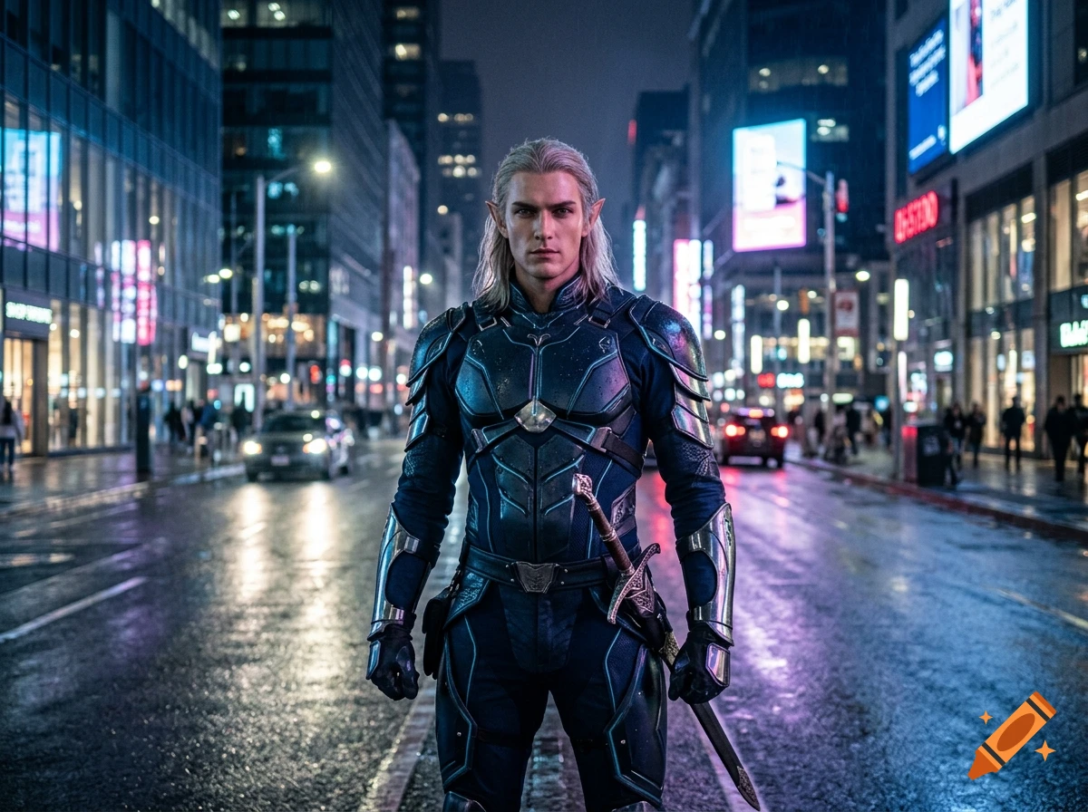 Photorealistic image of a male elf knight in blue futuristic armor standing on a wet urban street at night with glowing billboards.