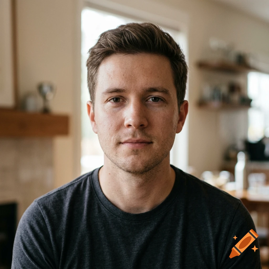 Close-up photorealistic portrait of a young man with short brown hair and a dark t-shirt, standing indoors with a blurred background.