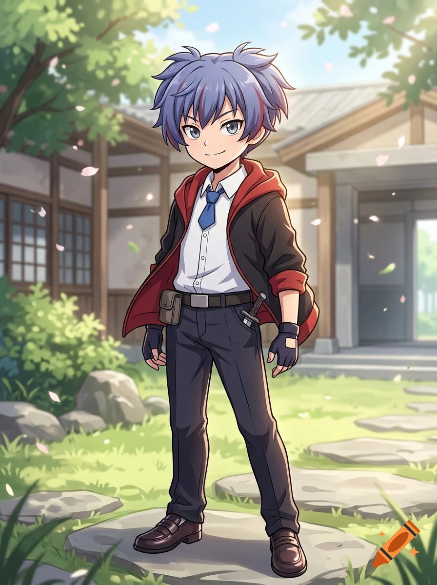 Anime illustration of a young male character with blue hair and a school uniform standing in a Japanese garden.
