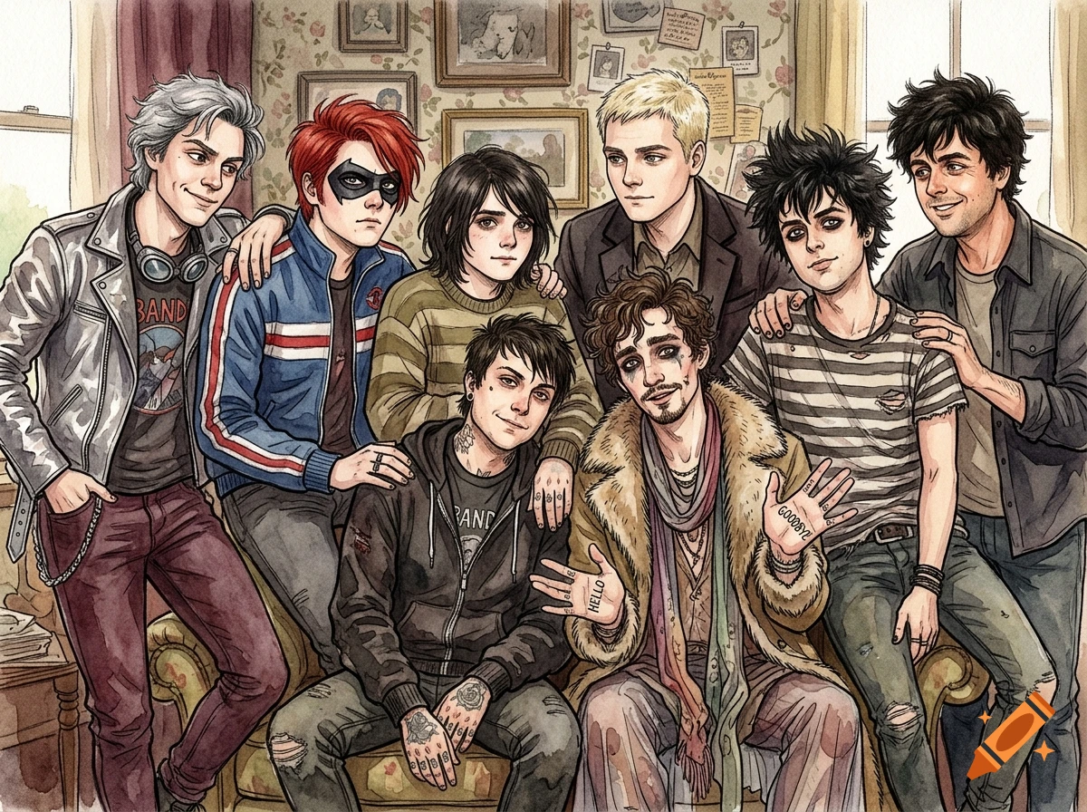 Watercolor illustration of a group of musicians and fictional characters posing together like a family portrait.