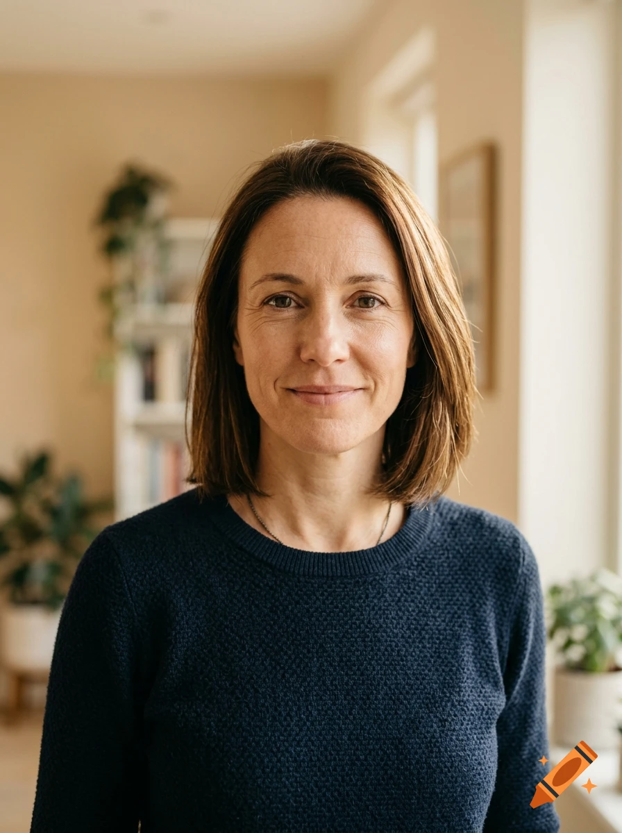 Photorealistic medium shot of a smiling middle-aged woman with shoulder-length brown hair wearing a dark blue sweater indoors.