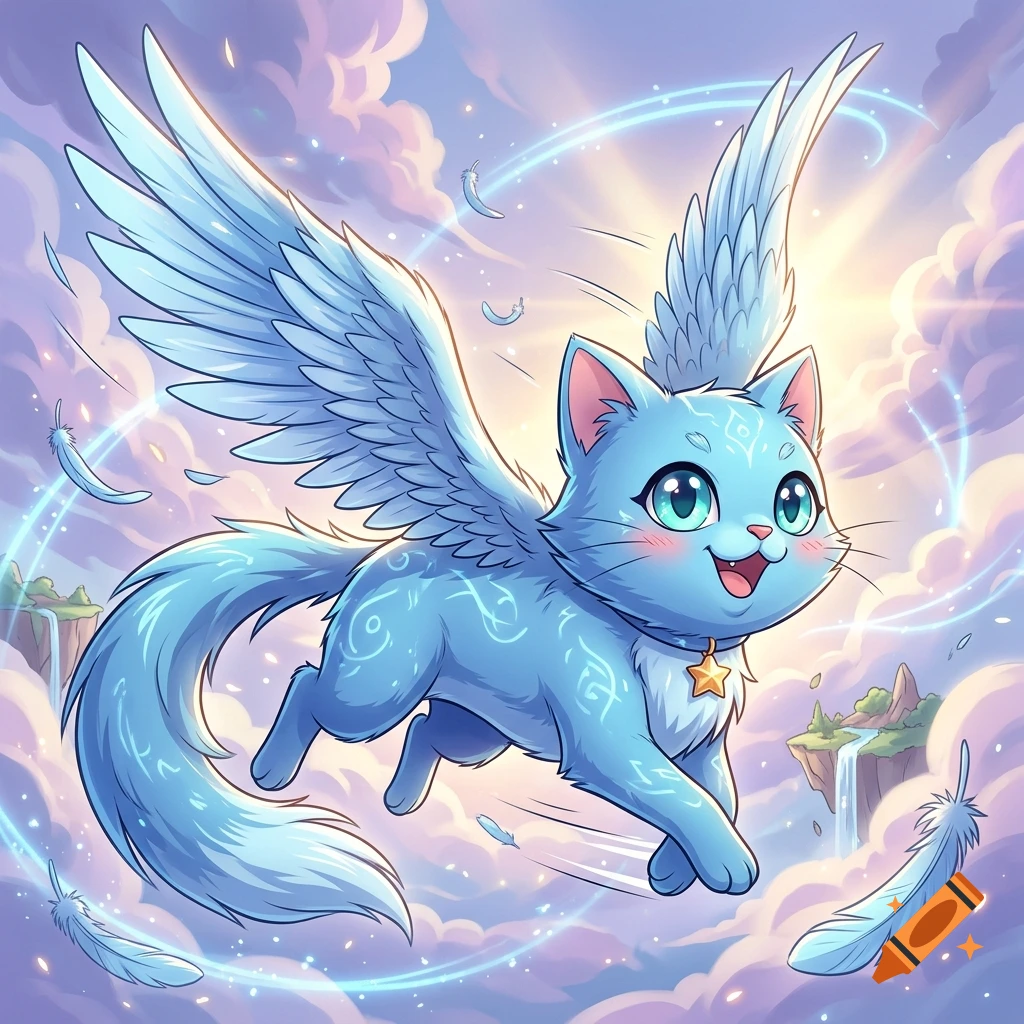 An anime-style action illustration of a magical blue cat with feathered wings flying through a fantasy sky.