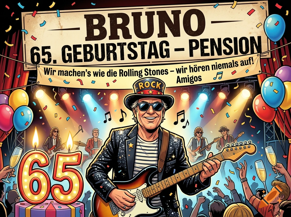 Colorful illustration of a man playing guitar on stage for a 65th birthday and retirement party celebration.