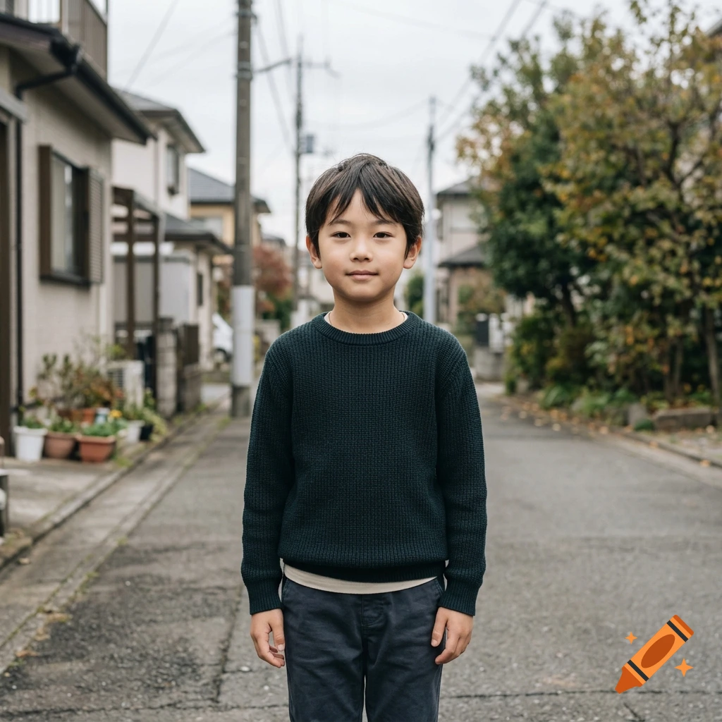 Photorealistic portrait of a young boy standing on a narrow street in a residential neighborhood.