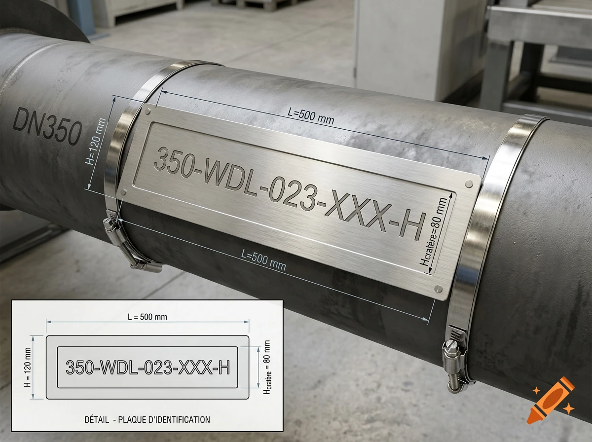 Photorealistic image of a stainless steel pipe with an identification plate reading 350-WDL-023-XXX-H and a detail cartouche at the bottom left.
