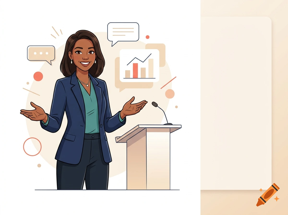 Animated illustration of a woman presenting in front of a podium with charts in the background.