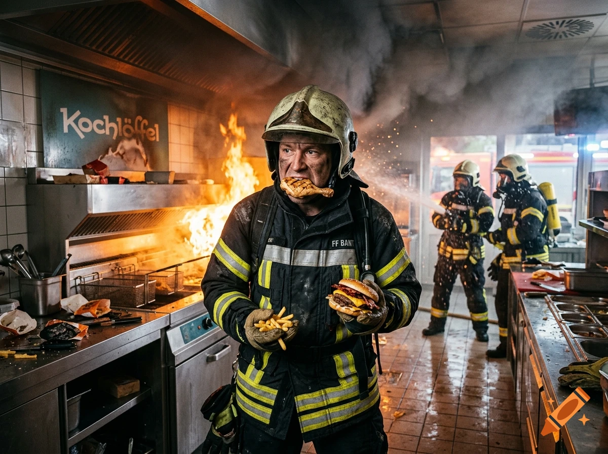 Photorealistic image of a firefighter eating fast food inside a burning kitchen while colleagues extinguish the fire in the background.