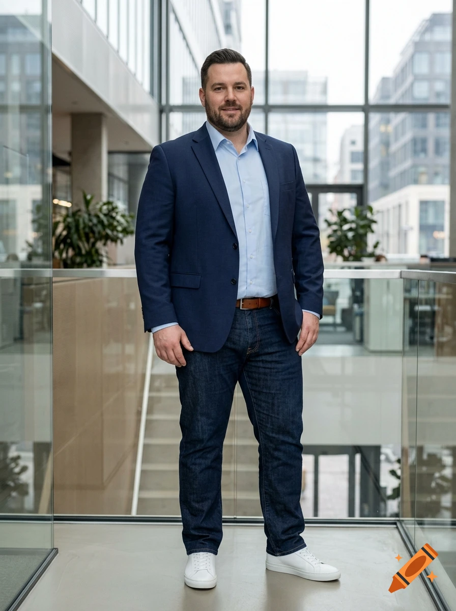 Full-body photograph of a plus-size man in his late 30s wearing a navy blazer, blue shirt, dark jeans, and white sneakers in a modern office.