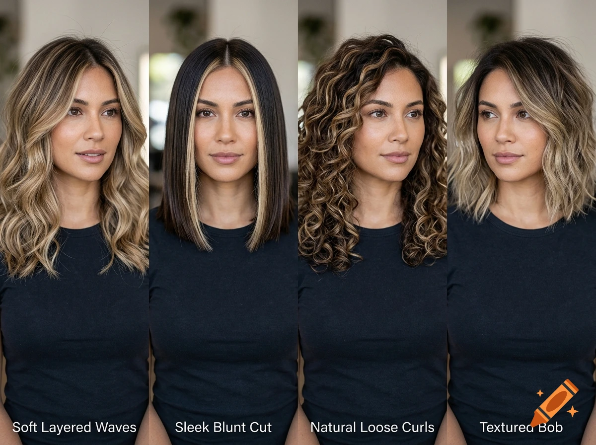Four panels showing a woman with medium-length hair styled with different colors and textures, featuring labels at the bottom.